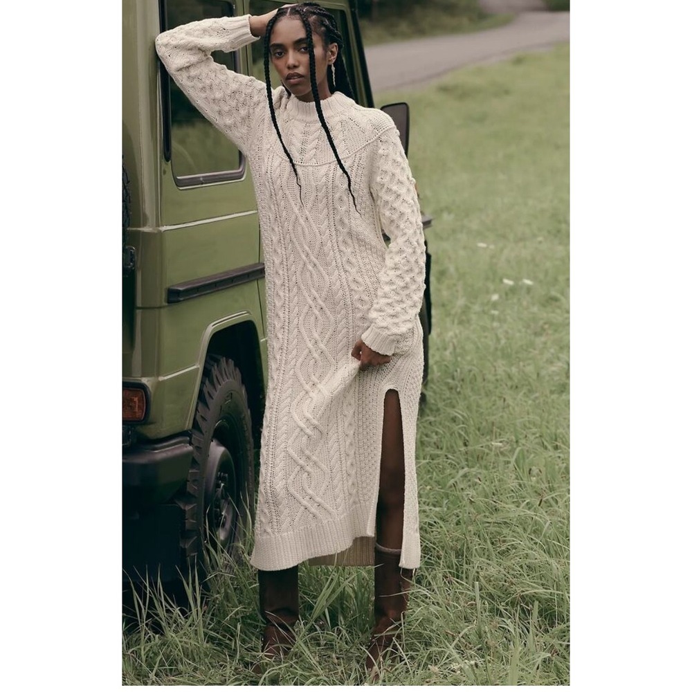Anthropologie Cream Cable-Knit Midi Sweater Dress